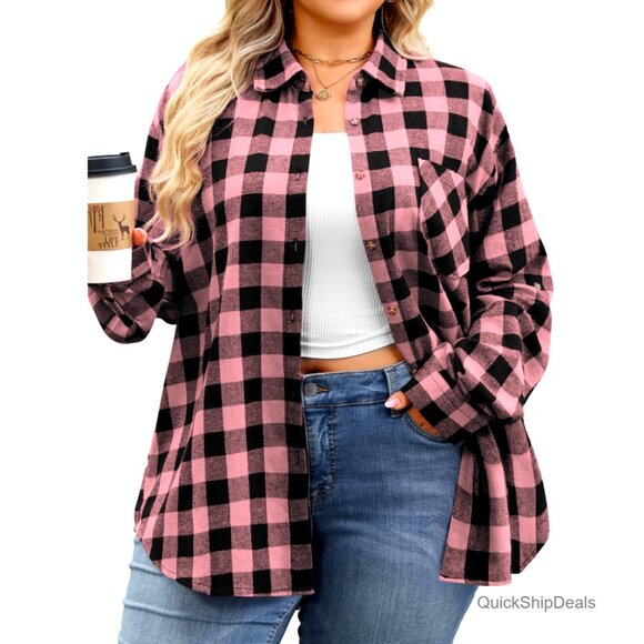 Tops - Plus Size Flannel Button Down Shirt Soft Long Sleeve Plaid Blouse